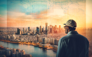 Fototapeta na wymiar man looking at a city skyline with a business map above it