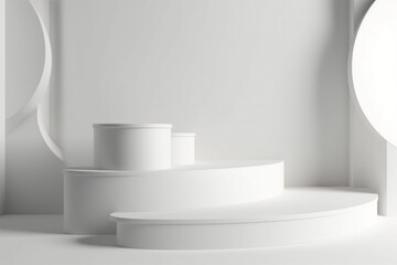 Beauty, fashion, make-up concept. Minimalistic product placement podium made from various white geometric shapes with copy space. Minimalistic and futuristic looking style. Generative AI