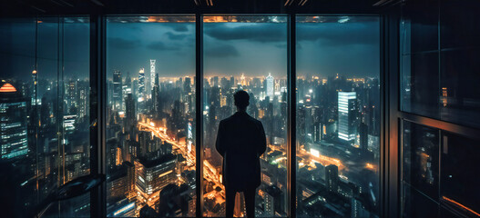 Obraz na płótnie Canvas businessman looks out into city from the window of a skyscraper