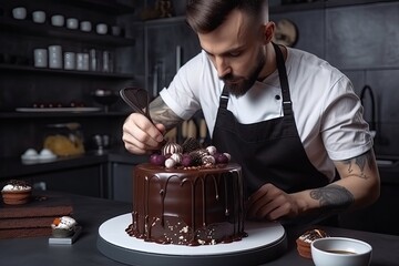 Young handsome male confectioner decorating tasty chocolate cake in kitchen. Ai generative.