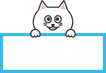 A white cartoon cat informs good news with a blank sign. Vector illustration.