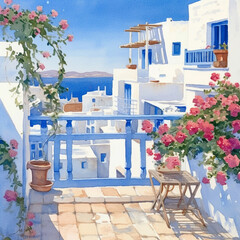 watercolor painting of beautiful house in Greece. hand drawn, painting with white building, Seaview, alley, door, window, bougainvillea,  houseplant, pot and blue sky 