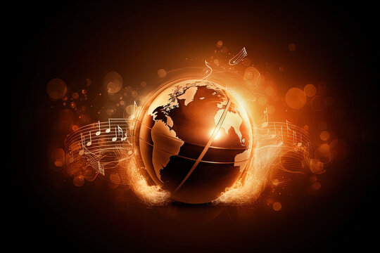 A globe on a orange background and musical notes. World Music Day concept. The music of earth