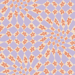 Checkered Daisy flowers psychedelic seamless print in 60s and 70s style. Vector illustration