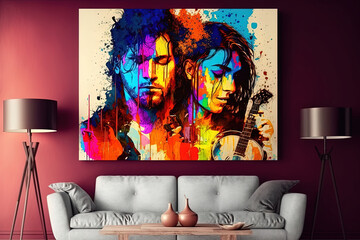 Picture painted on the wall of the living room with a young couple. World Music Day concept