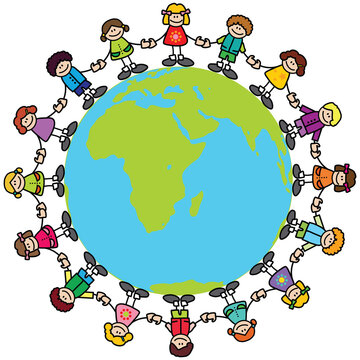 Happy children holding hands around the world