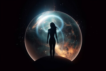 State of mind, birth, meditation concept. Woman, sphere and space. Abstract pregnancy and new life interpretation. Generative AI
