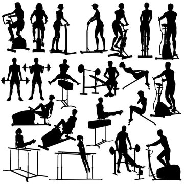 Set of silhouettes of people exercising in the gym with all figures and equipment as separate objects