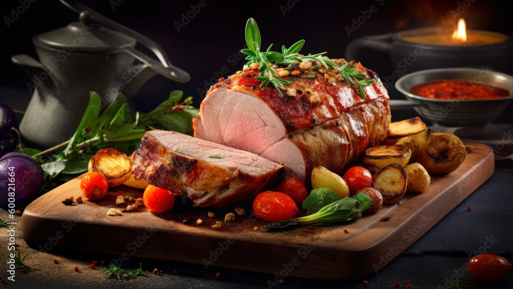 Poster perfectly roasted pork with an array of vibrant veggies for a hearty and satisfying meal. generative