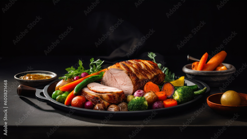 Poster perfectly roasted pork with an array of vibrant veggies for a hearty and satisfying meal. generative