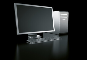 3d rendering of a stylish computer in aluminum on a black reflective ground