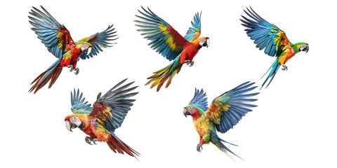 A set of macaws flying in the sky colorful parrot isolated on white background