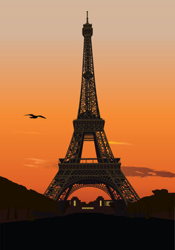 Vector illustration of Eiffel tower at sunset. Paris, France
