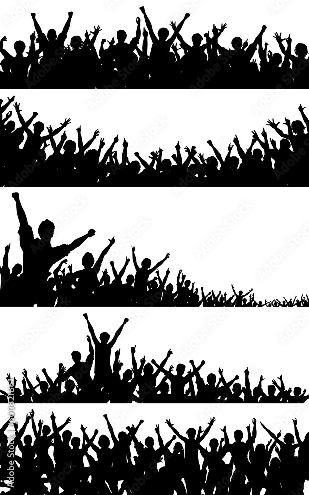 Poster set of editable vector crowd silhouettes with each person as a separate object