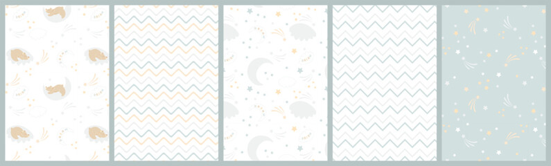 Children's template. Seamless backgrounds. Blue baby textures with bears, stars, clouds, zigzag. Set of cute textile prints. Pastel baby backgrounds for scrapbooks. Vector illustration