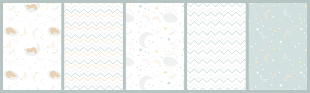 Fototapeta Children's template. Seamless backgrounds. Blue baby textures with bears, stars, clouds, zigzag. Set of cute textile prints. Pastel baby backgrounds for scrapbooks. Vector illustration