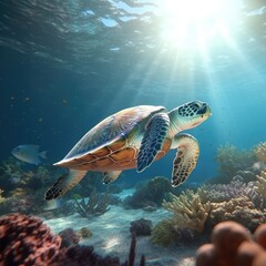 Sea turtle swimming in the ocean with coral reef underwater. Background illustration for world oceans day concept. Life in tropical waters. generative ai illustration