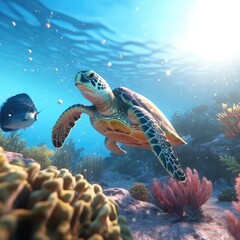 Fototapeta na wymiar Sea turtle swimming in the ocean with coral reef underwater. Background illustration for world oceans day concept. Life in tropical waters. generative ai illustration