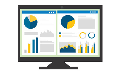 Computer screen displaying charts and graphs banners showing statistics