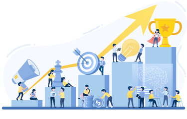 Business people variety activity to achieve success. Some people standing at bar graph represent growth, discuss tactical plan, management strategy, improve and develop business.