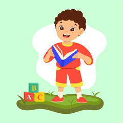Illustration Little boy of preschool age with brown hair holding a blue textbook standing on the grass