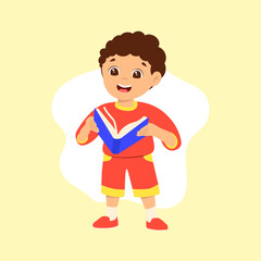 Illustration Little preschool boy with brown hair holding a blue textbook on a yellow background