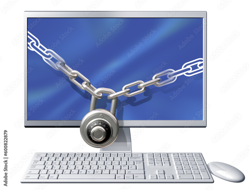 Poster isolated illustration of a computer secured with a large chain and padlock