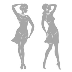 Collection. Silhouette of a woman. The girl is slender and beautiful. Lady is suitable for decor, posters, stickers, logo. Vector illustration set