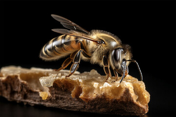A bee standing on honey bread with isolated background.Close up view.Copy space.Created with generative ai