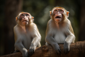 a pair of cute monkeys are laughing