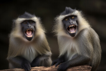 a pair of cute monkeys are laughing