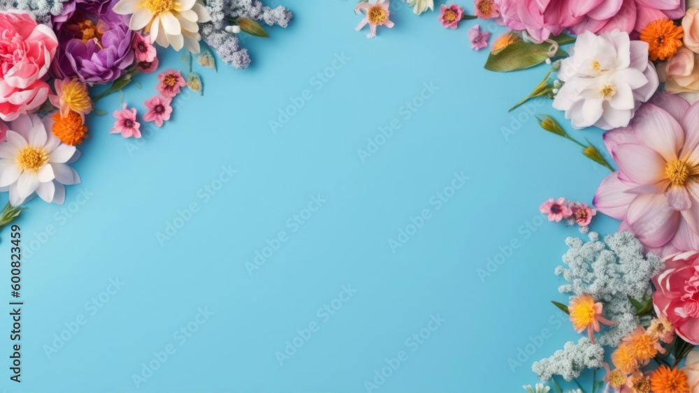 Poster spring flower frame on blue background copy space flat lay mock up generative ai