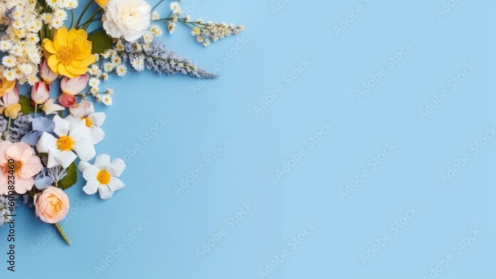Poster spring flower frame on blue background copy space flat lay mock up generative ai