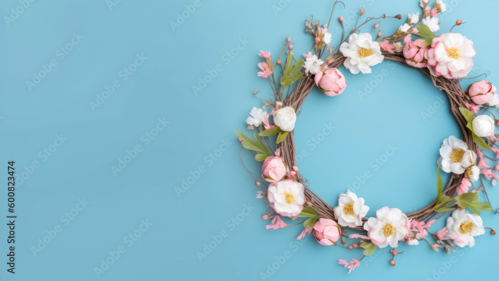 Poster spring flower frame on blue background copy space flat lay mock up generative ai