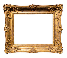 old horizontal wide golden rococo picture frame isolated on white background with cut out canvas