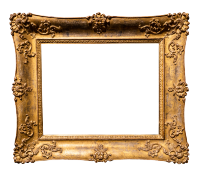 old horizontal wide golden rococo picture frame isolated on white background with cut out canvas