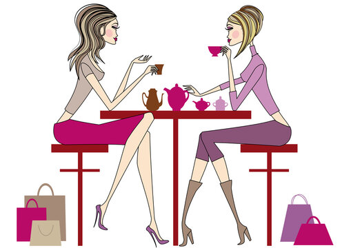 Women sitting in coffee bar, drinking coffee and tea, vector