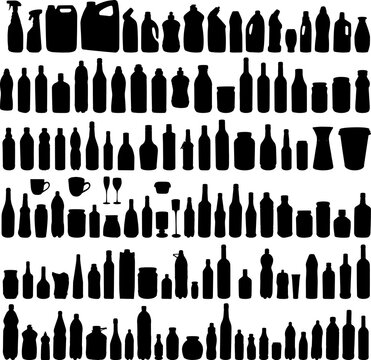 Large collection of vector illustration of the different bottles silhouettes