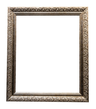 old vertical silver wooden picture frame isolated on white background with cut out canvas