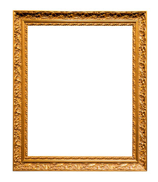old vertical yellow wooden picture frame isolated on white background with cut out canvas
