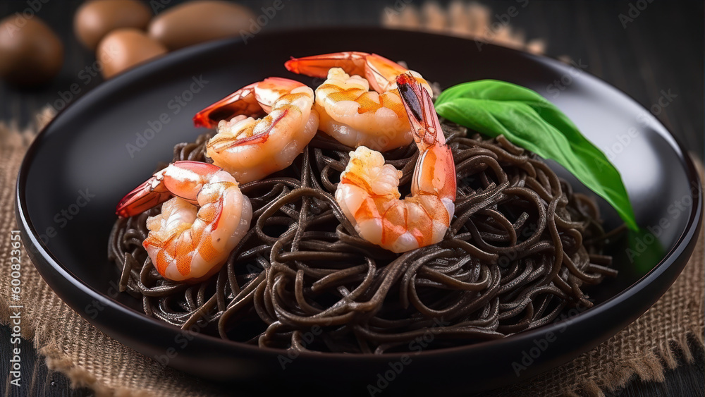 Wall mural stirfried black spaghetti with garlic and shrimps close up generative ai - Wall murals