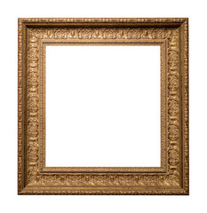 wide carved square bronze picture frame isolated on white background with cut out canvas