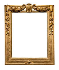 old vertical ornamental gold picture frame isolated on white background with cut out canvas