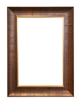 classic vertical brown wide wooden picture frame isolated on white background with cut out canvas
