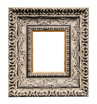 very wide carved silver picture frame isolated on white background with cut out canvas