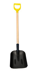 front view of steel scoop shovel with wooden handle isolated on white background