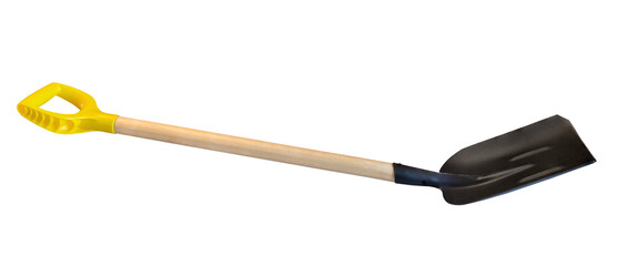side view of steel scoop shovel with wooden handle isolated on white background