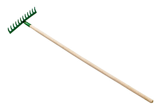 side view of steel rake with comb pointing up with wooden handle isolated on white background