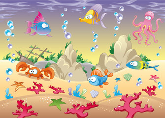 Naklejka na ściany i meble Family of marine animals in the sea. Funny cartoon and vector illustration