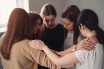 Fototapeta na wymiar A group of women pray in a circle, selective focus, Generative AI